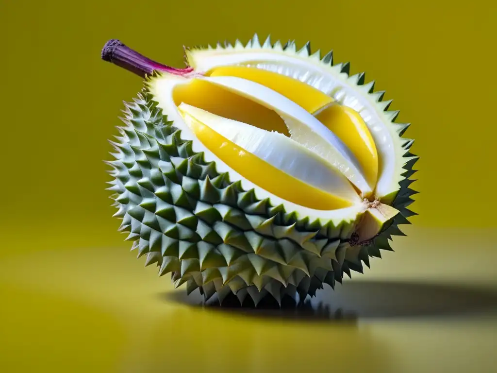 Detalle impresionante del durian recién cortado, mostrando su textura y patrones únicos