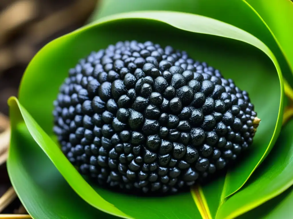 Detalle impresionante del huitlacoche recién cosechado, resaltando su color negro, delicadas branquias y calidad caviar