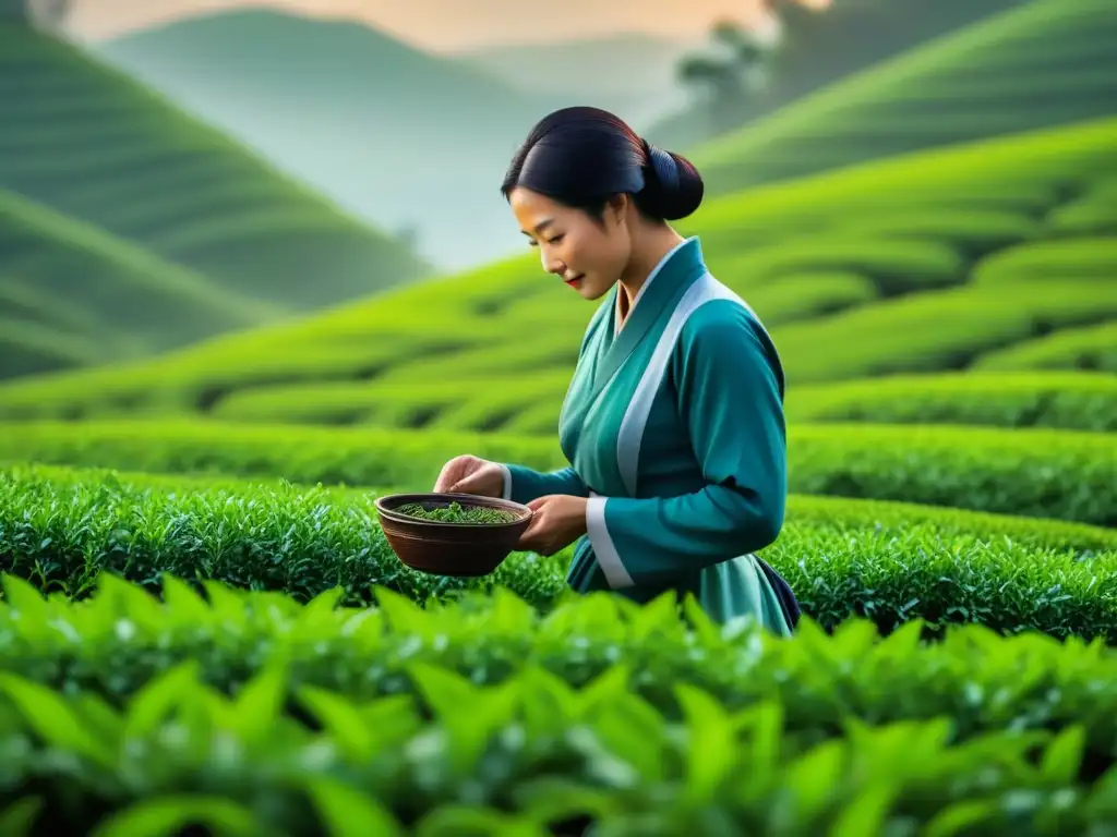 Detalle impresionante del cultivo de té antiguos y modernos en una plantación verde exuberante