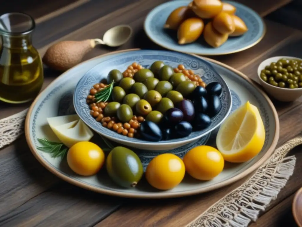 Detalle impresionante de la Dieta en Cuaresma Bizancio: olivas, lentejas y higos dispuestos en un plato decorado, sobre una mesa de madera envejecida