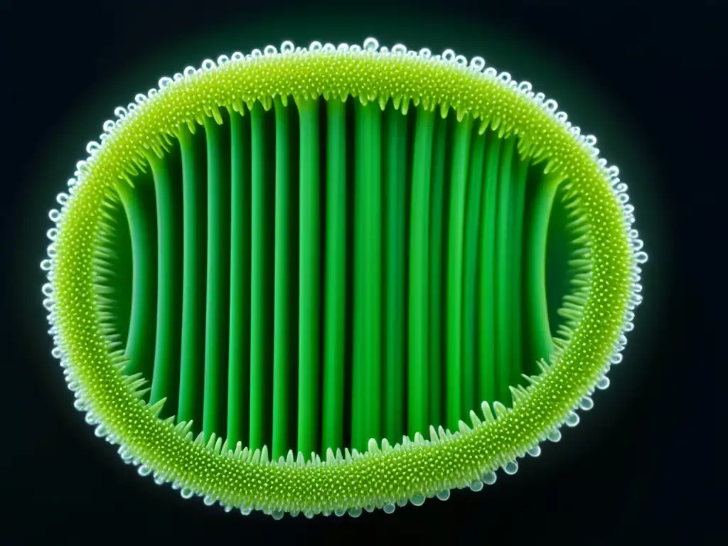 Detalle impresionante de la espirulina verde vibrante bajo microscopio