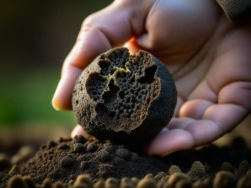 Detalle impresionante de una exquisita trufa negra recién descubierta