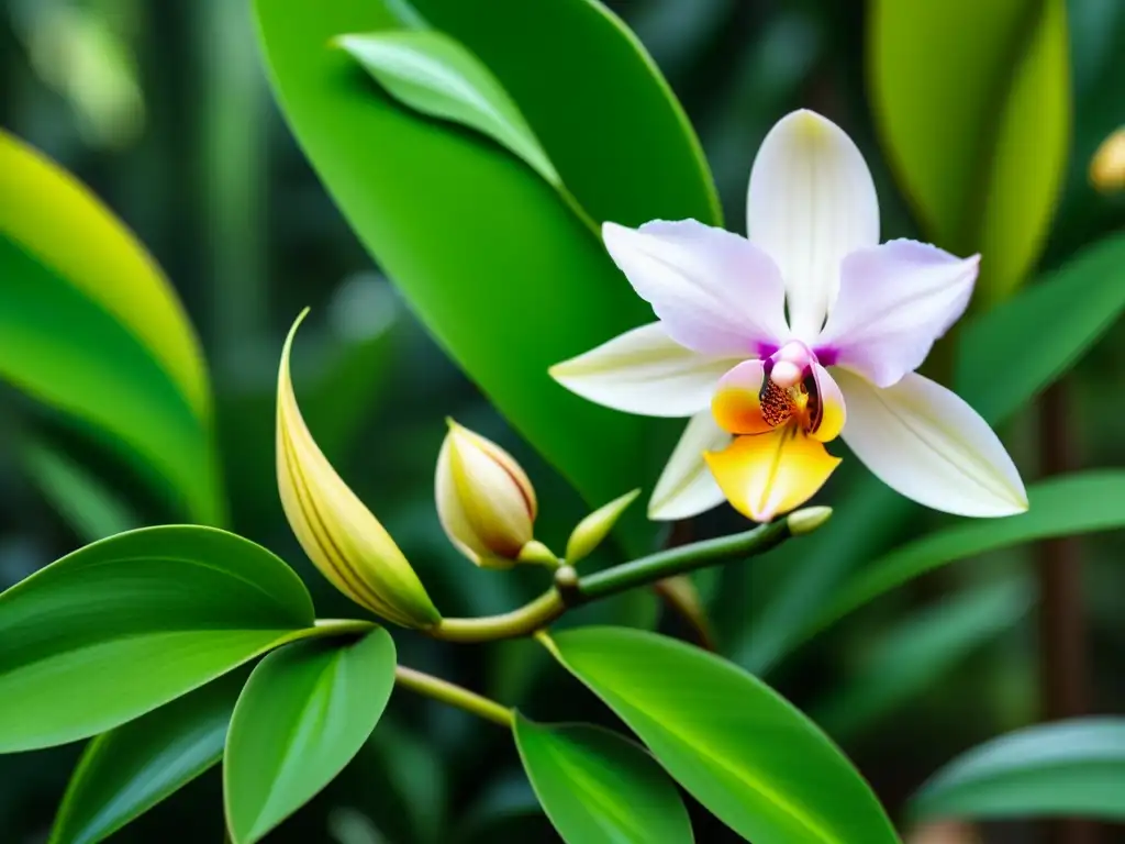 Detalle impresionante de una flor de orquídea de vainilla con vainas incipientes, en un jardín tropical