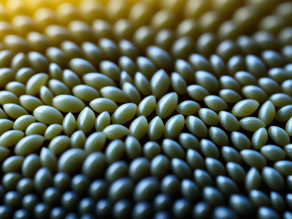 Detalle impresionante de un grano de arroz, revelando su historia del arroz en ruta a través de sus texturas