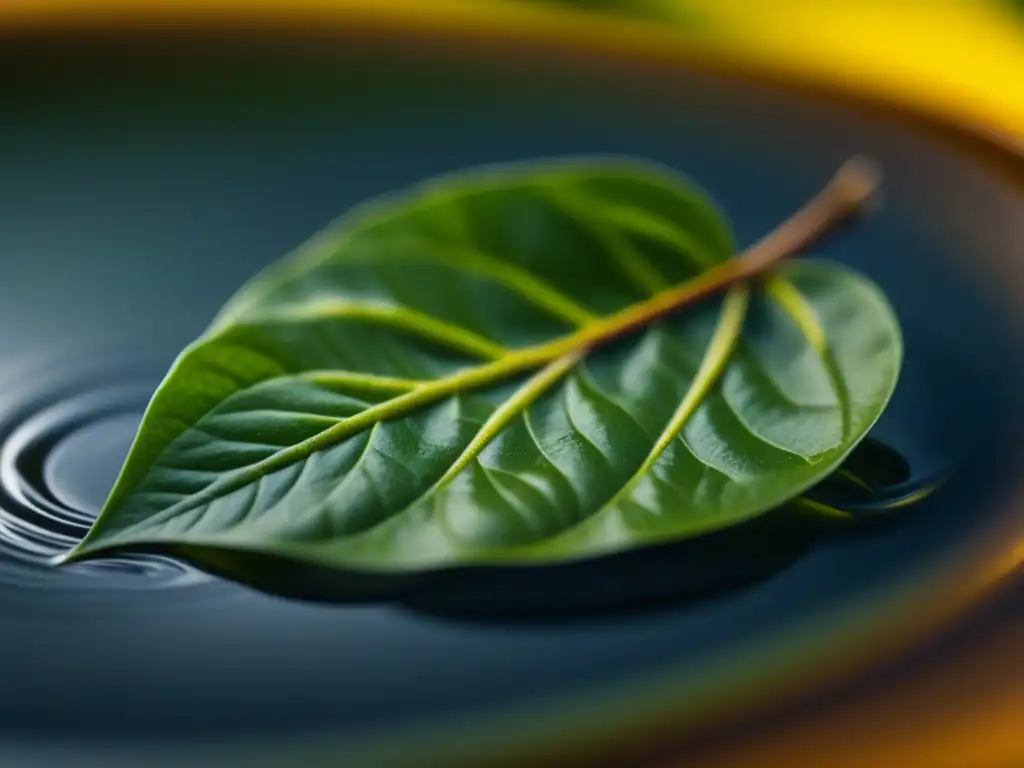 Detalle impresionante: hoja de té antigua desplegándose en agua caliente, reflejando prácticas medicinales ancestrales