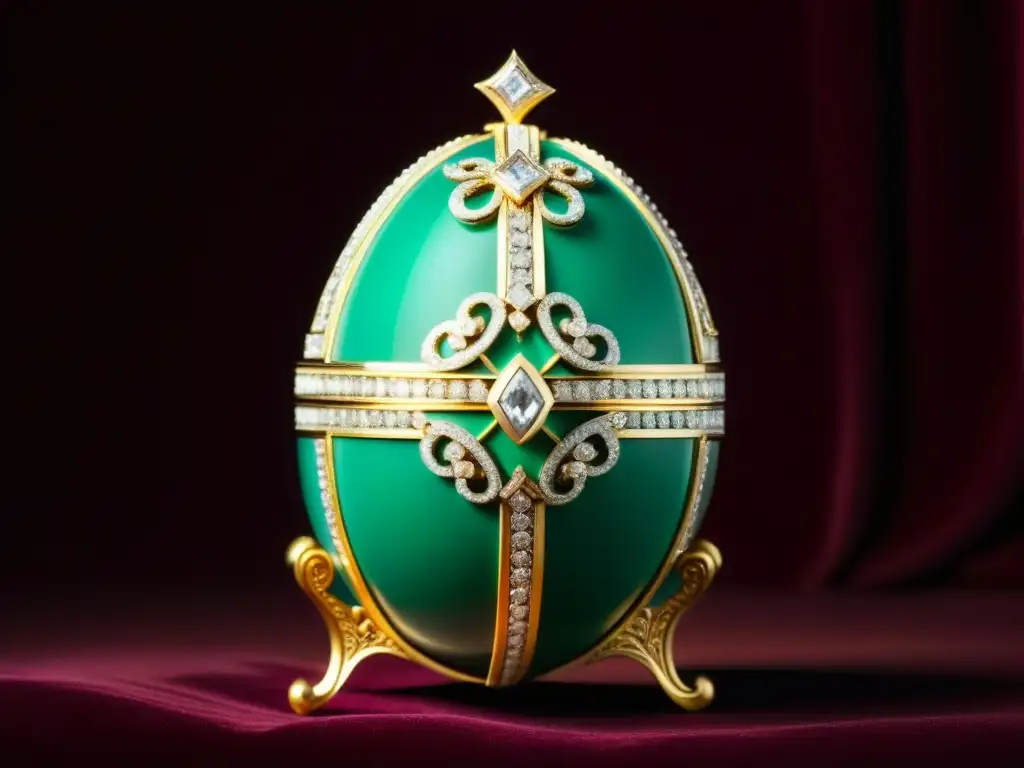 Detalle impresionante de huevo Fabergé con oro, diamantes y diseños intrincados, en un escenario de lujo