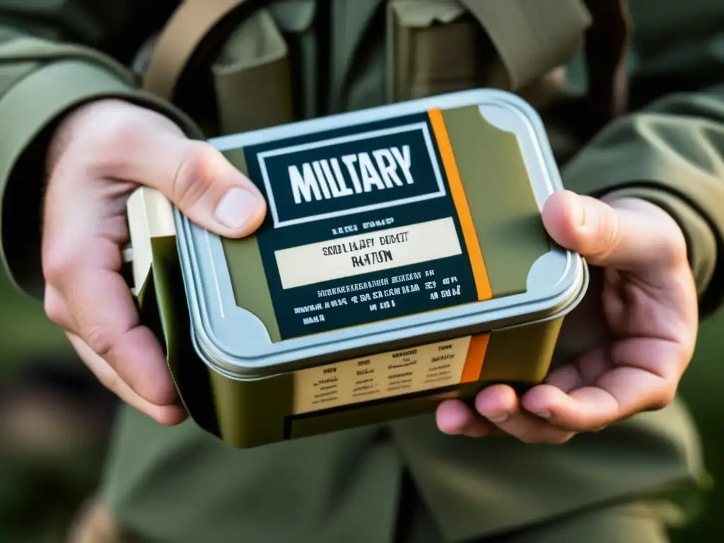 Detalles de ración militar: diseño y contenido impresionantes Detalle impresionante de una mano de soldado sosteniendo una ración militar moderna, destacando el diseño del empaque y las comidas listas para comer