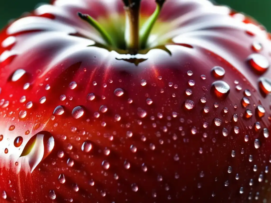 Frescura en Detalle: Manzana Roja Brillante con Rocío Detalle impresionante de una manzana roja con rocío, mostrando su piel y diminutos vellos alrededor del tallo
