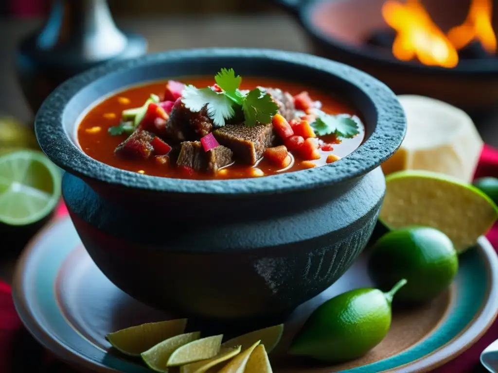 Detalle impresionante de un molcajete mexicano rebosante de pozole rojo, resaltando la historia y cultura del platillo