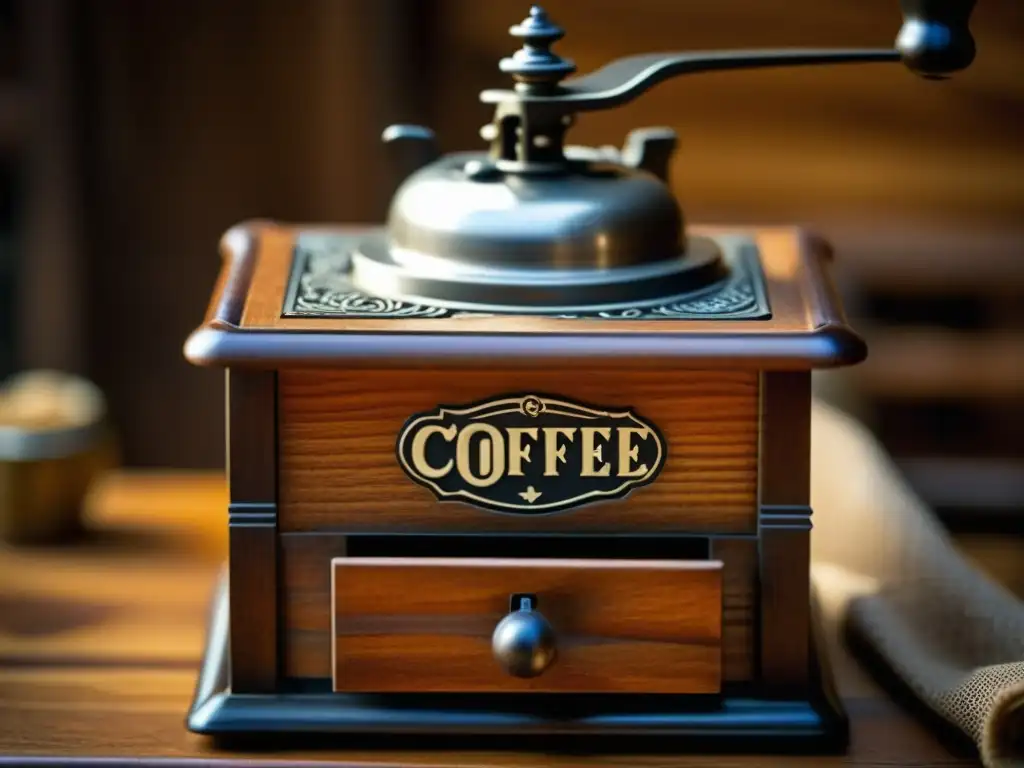 Detalle impresionante de un molinillo de café antiguo de la sociedad colonial, destacando la importancia del café en esa época