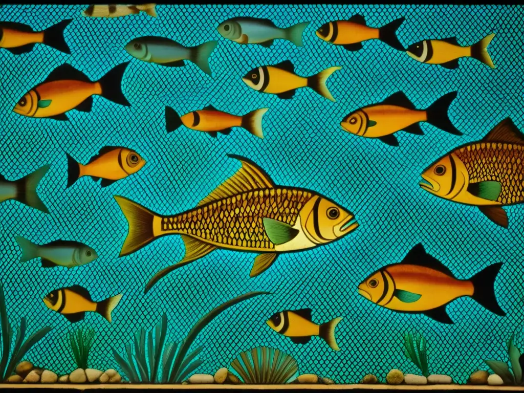 Detalle fascinante: Mosaico romano de peces y vida marina Detalle impresionante de mosaico romano mostrando una escena submarina vibrante con peces y criaturas marinas