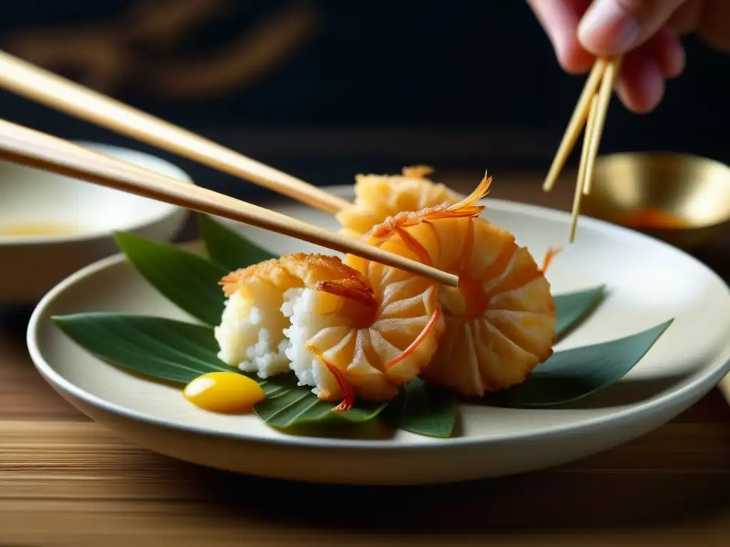 Detalle impresionante: palillos antiguos de madera sujetando tempura de gambas dorada