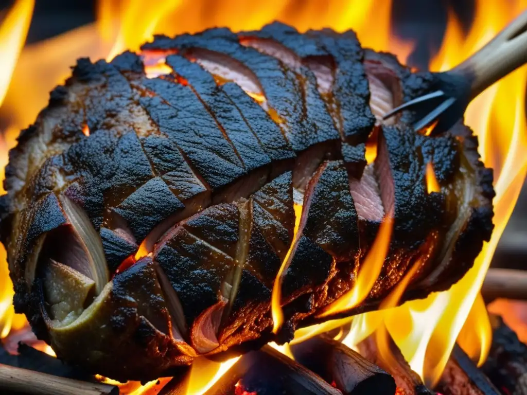 Detalle impresionante de la piel chamuscada de un cordero asado con cuero en un 'asado con cuero' patagónico, evocando la tradición culinaria