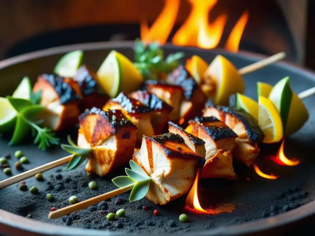 Detalle impresionante de un pincho de pollo tandoori en horno de barro en Cocina histórica Mongol-India detallada