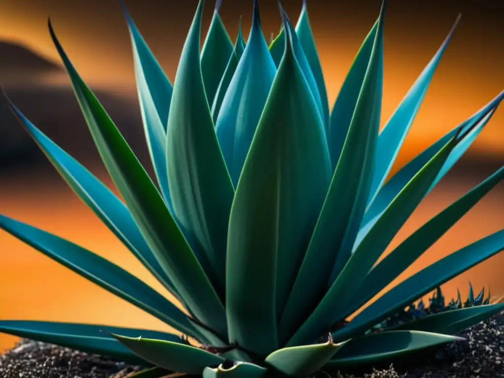 Detalle impresionante de una planta de agave azul, destacando sus hojas puntiagudas y patrones intrincados