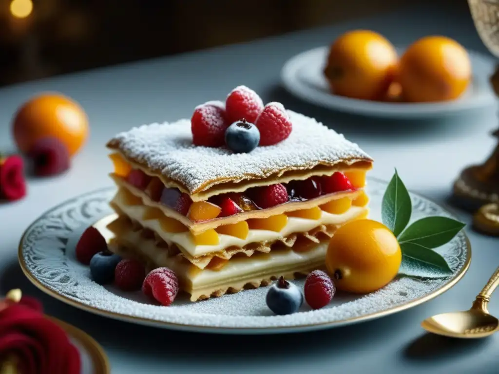 Detalle impresionante de un postre renacimiento italiano dulce en mesa lujosa