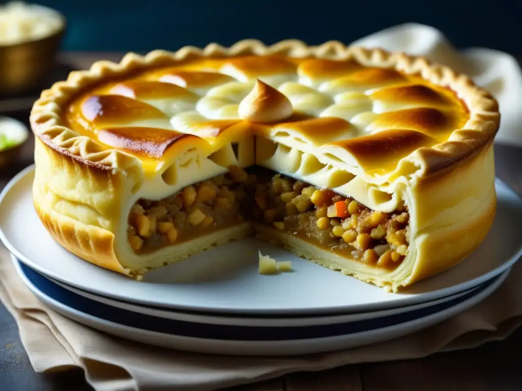 Detalle impresionante de una receta Kulebyaka pastel pescado recién horneado, con capas doradas y relleno de pescado y arroz