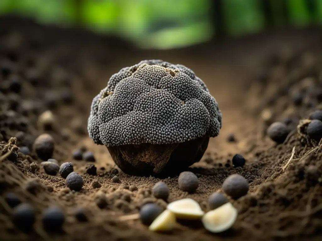 Detalle impresionante de la red de finas venas de trufa negra Perigord en la tierra, resaltando su esencia culinaria