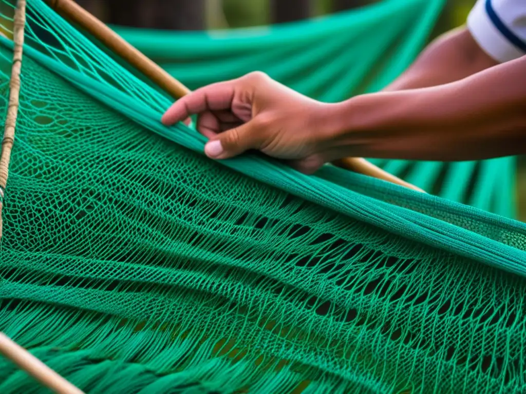 Detalle impresionante de una red de pesca tradicional siendo tejida con destreza, mostrando el impacto del Intercambio Columbino en la pesca