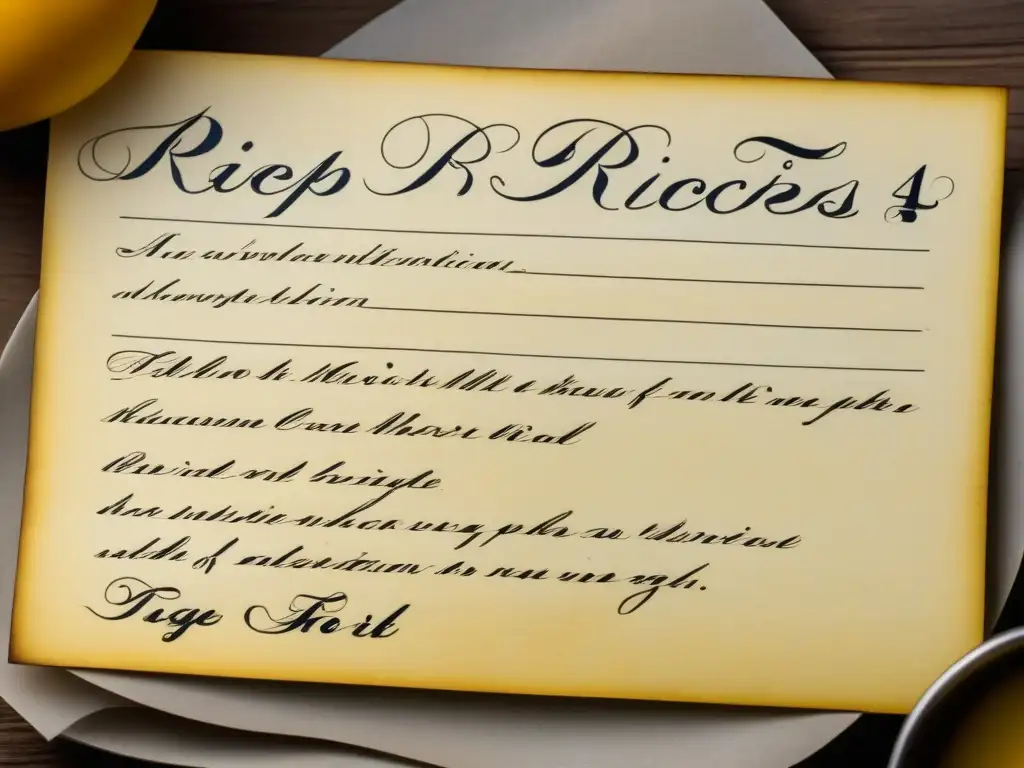 Detalle impresionante de una tarjeta de receta envejecida con instrucciones manuscritas en elegante caligrafía