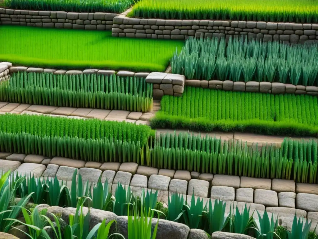 Detalle impresionante de una terraza agrícola Inca, mostrando su ingeniosa construcción de piedra y cultivos verdes en filas perfectamente alineadas