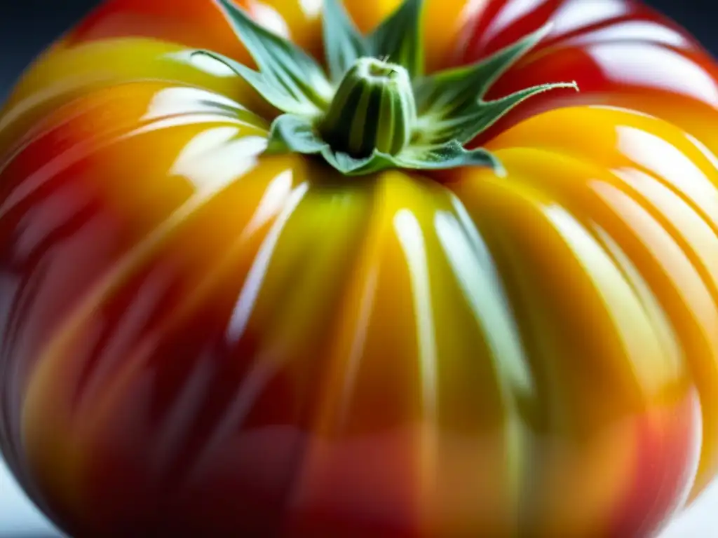 Detalle impresionante de un tomate histórico orgánico, con colores vibrantes y forma irregular, bajo luz natural
