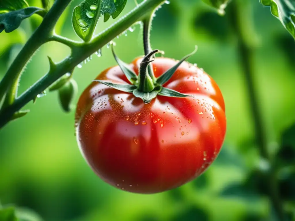 Detalle impresionante de un tomate rojo maduro en una granja orgánica soleada, resaltando la importancia de las estaciones de producción orgánica