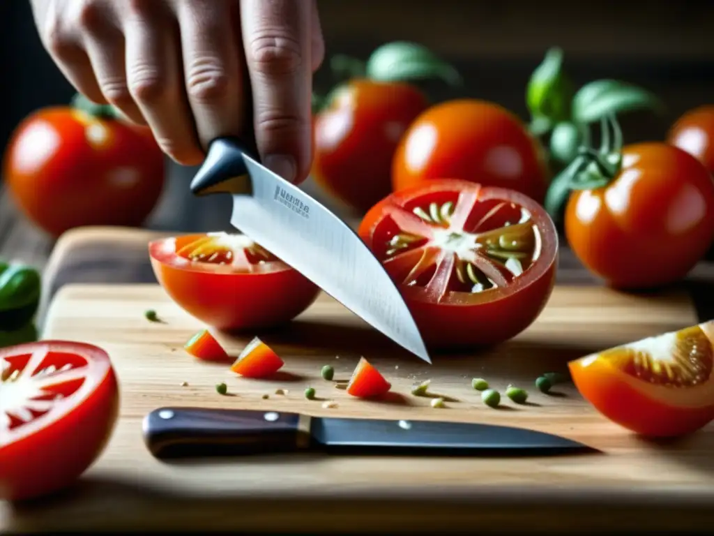 Detalle impresionante de cortar tomates rojos con un cuchillo vintage en tabla de madera rústica
