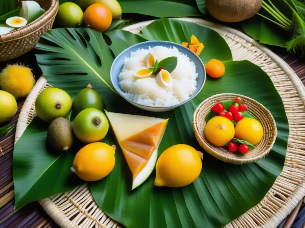 Detalle impresionante de un festín tradicional micronesio en una esterilla tejida, con dieta micronesia estacional histórica