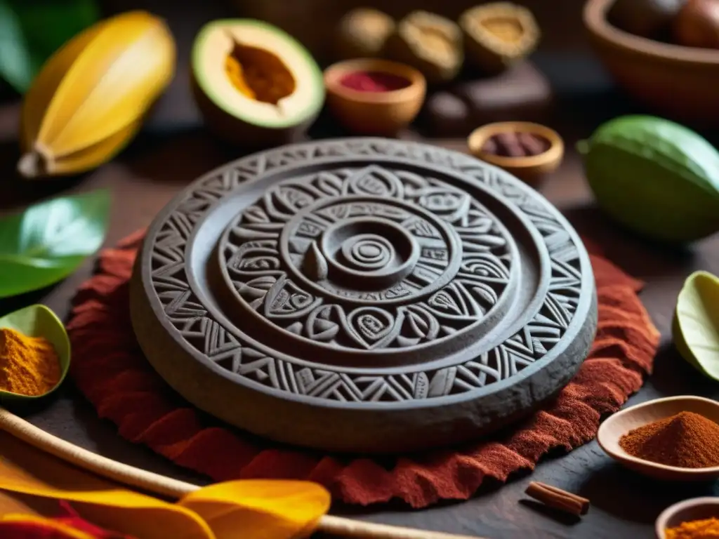 Detalle impresionante de la tradicional piedra maya para moler cacao, rodeada de vibrantes vainas de cacao y especias, bañadas en luz cálida