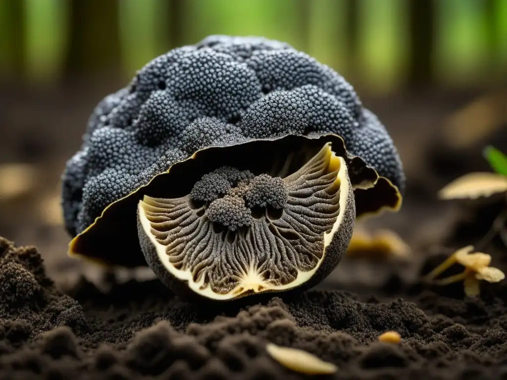 Detalle impresionante de una trufa negra recién desenterrada sobre tierra de bosque