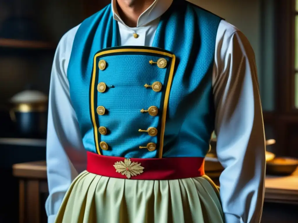 Detalle impresionante del uniforme de servidumbres en la cocina histórica durante la Edad Dorada de América, mostrando la artesanía y dedicación