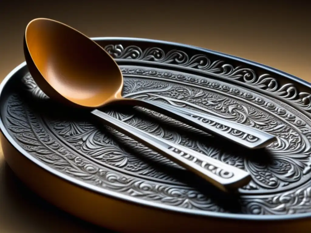 Detalle impresionante de un utensilio histórico en recetas, con grabados y bordes desgastados, textura palpable