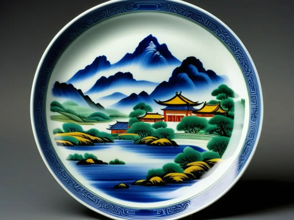 Detalles pintados a mano de una exquisita porcelana de la dinastía Ming Detalle impresionante de una vajilla de porcelana Ming, con paisaje chino pintado a mano