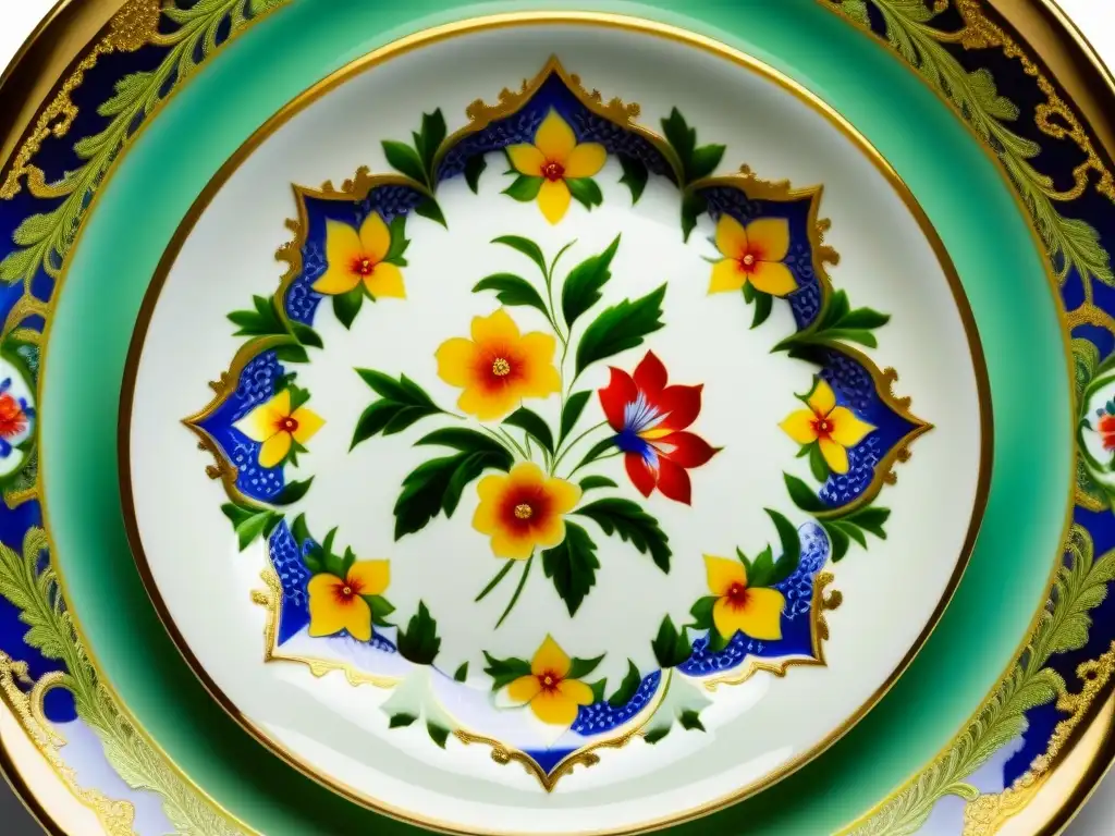 Plato porcelana Tsars: detallada obra de arte floral Detalle impresionante de una vajilla de los Zares: Historia y arte, con motivos florales pintados a mano en colores vibrantes y bordes dorados