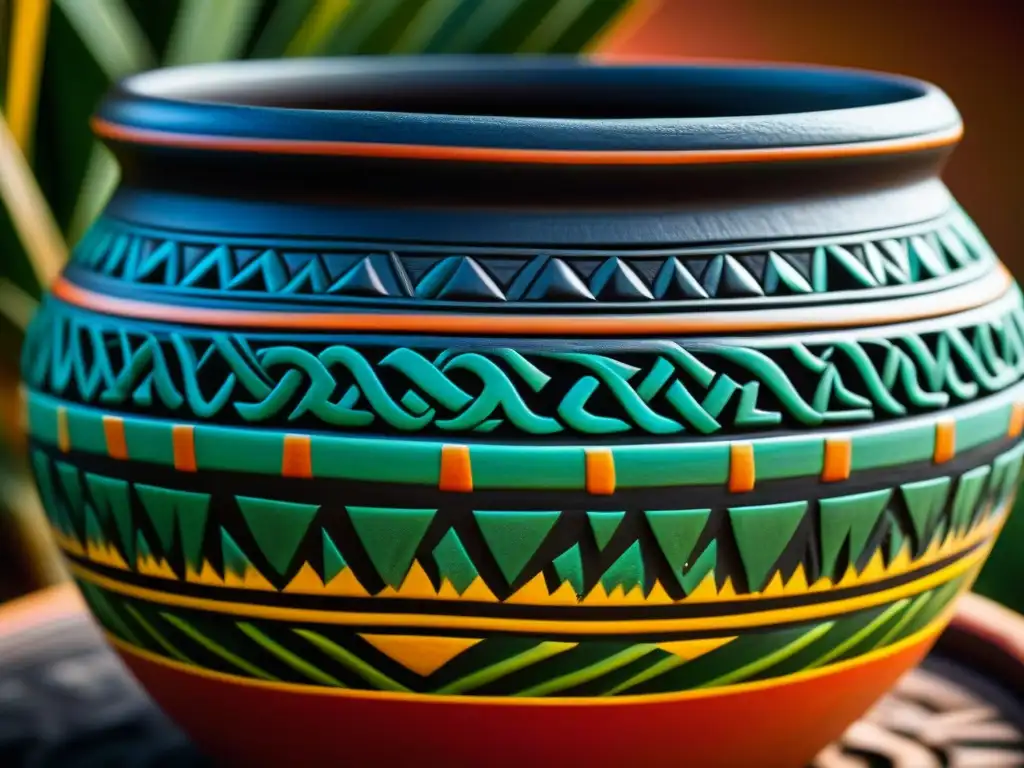 Detalle impresionante de un vaso azteca de pulque, con grabados coloridos y fibras de agave, evocando la cultura azteca y su bebida ancestral