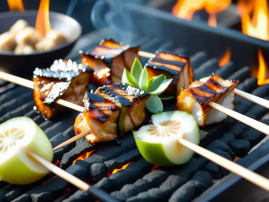 Detalle impresionante del Yakitori siendo cuidadosamente cocinado sobre brasas, resaltando la caramelización y el arte culinario japonés