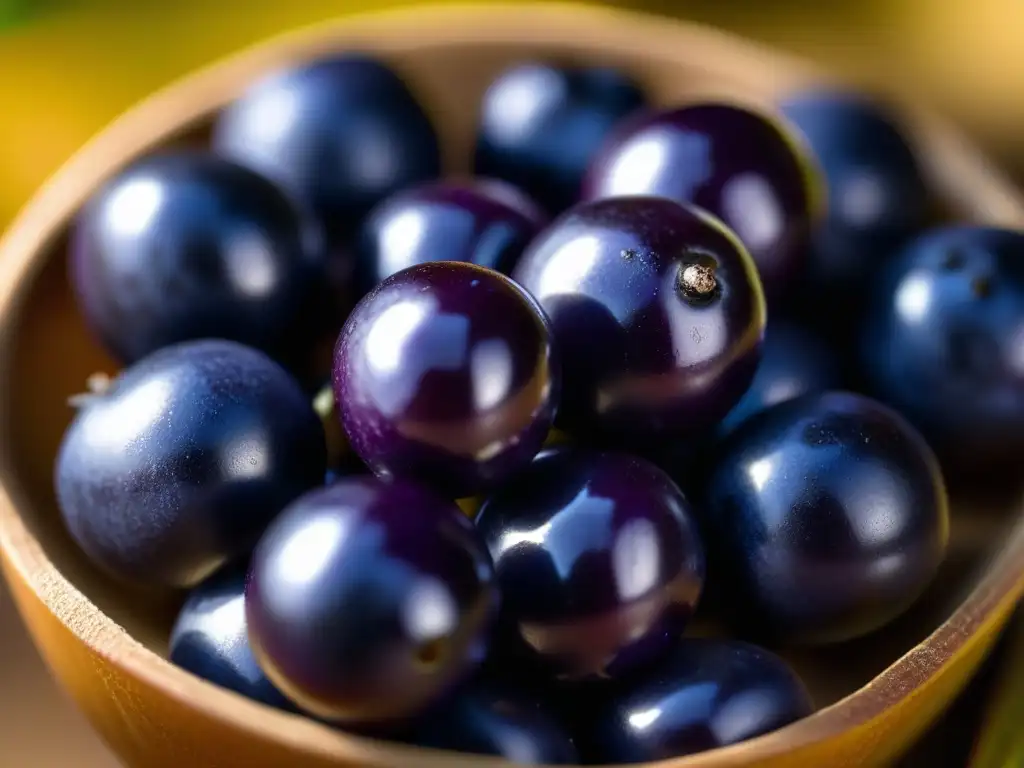 Detalle increíble del acai recién cosechado, destacando su color morado intenso y textura brillante, enfoque nítido