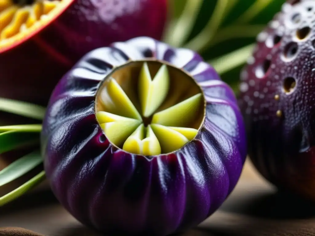 Detalle increíble de la chirimoya morada, fruta del Nuevo Mundo Inca, destacando su piel, pulpa y semillas brillantes