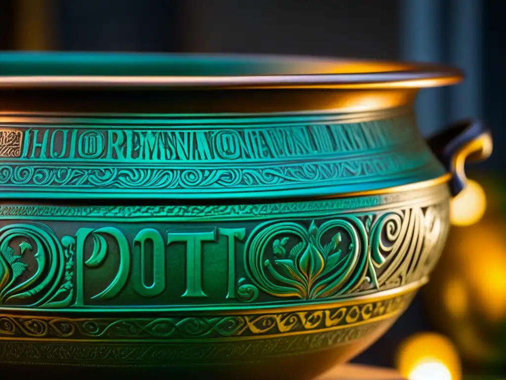 Detalle increíble de una olla romana de bronce con recetas históricas culturales y culinarias