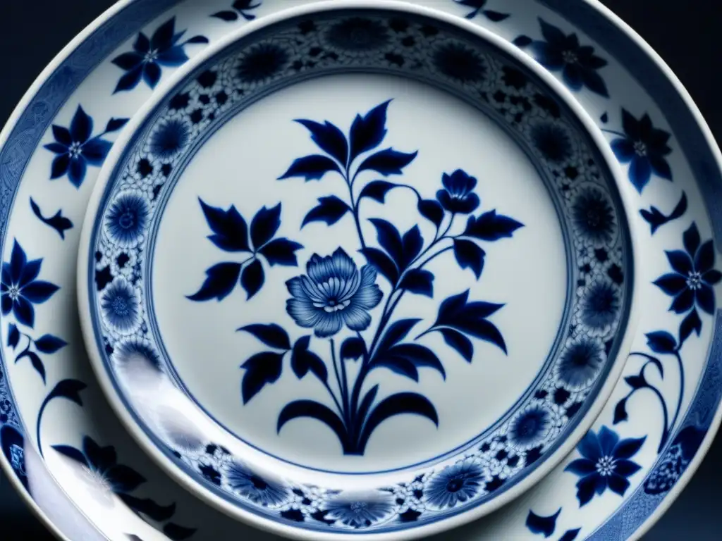Detalles exquisitos: plato Ming de porcelana azul y blanco Detalle increíble de una vajilla de porcelana Ming, resaltando la historia y la artesanía