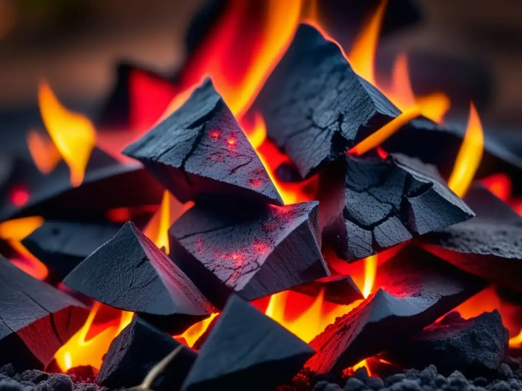 Detalle del carbón ardiendo con intensidad, evocando la cocina con carbón en historia