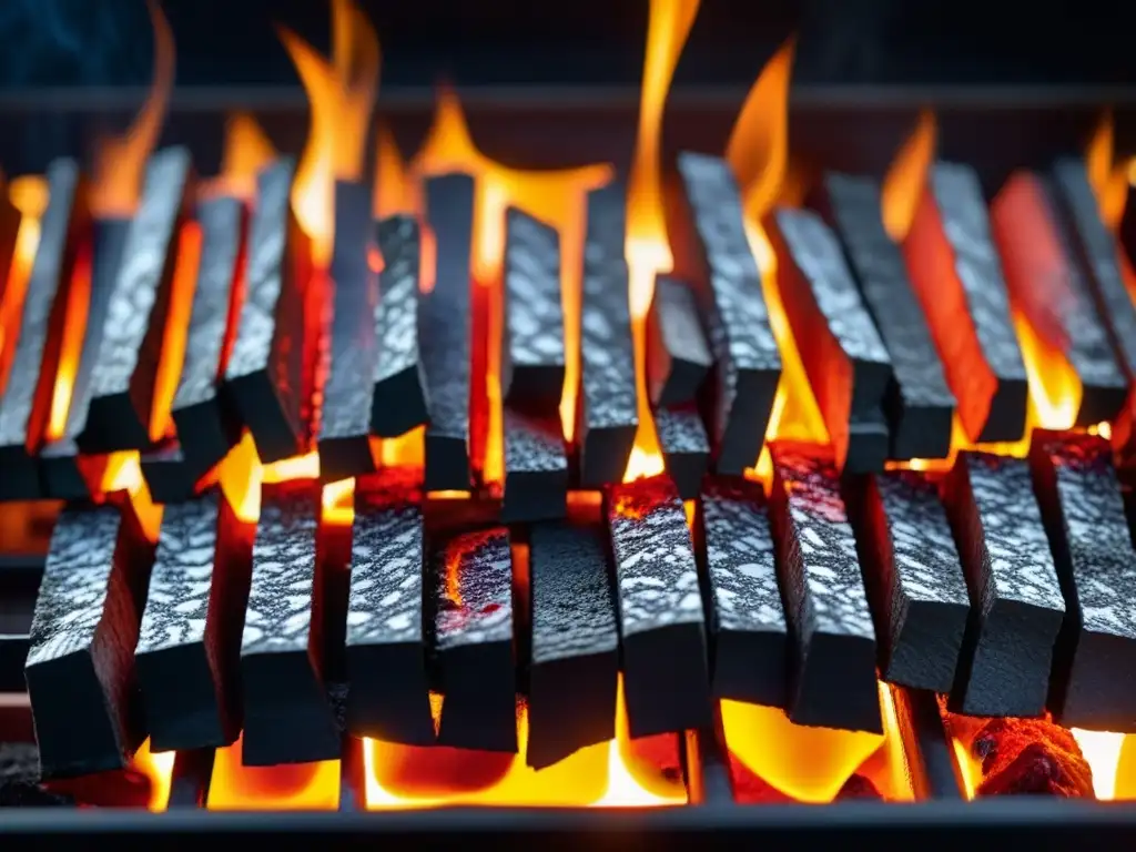 Detalle íntimo de brasas rojas en parrilla argentina, evocando historia cultural con patrones de calor y chispas danzantes