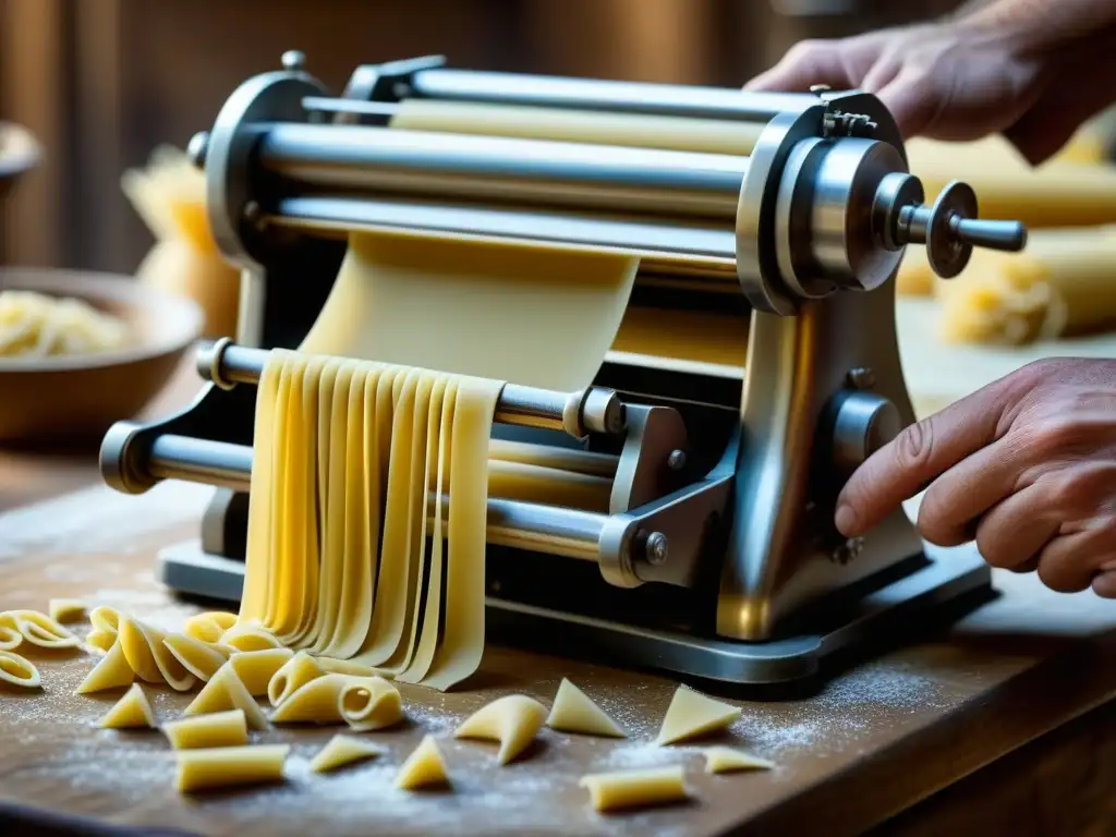 Detalle íntimo de manos expertas manejando máquina tradicional para hacer pasta, en ambiente nostálgico de cocina rustica