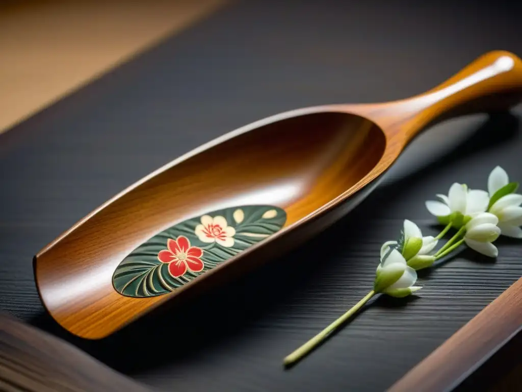 Un detalle intrincado de una cuchara de madera para arroz con grabados florales, reflejando la artesanía en la Cocina japonesa en la Era Heian