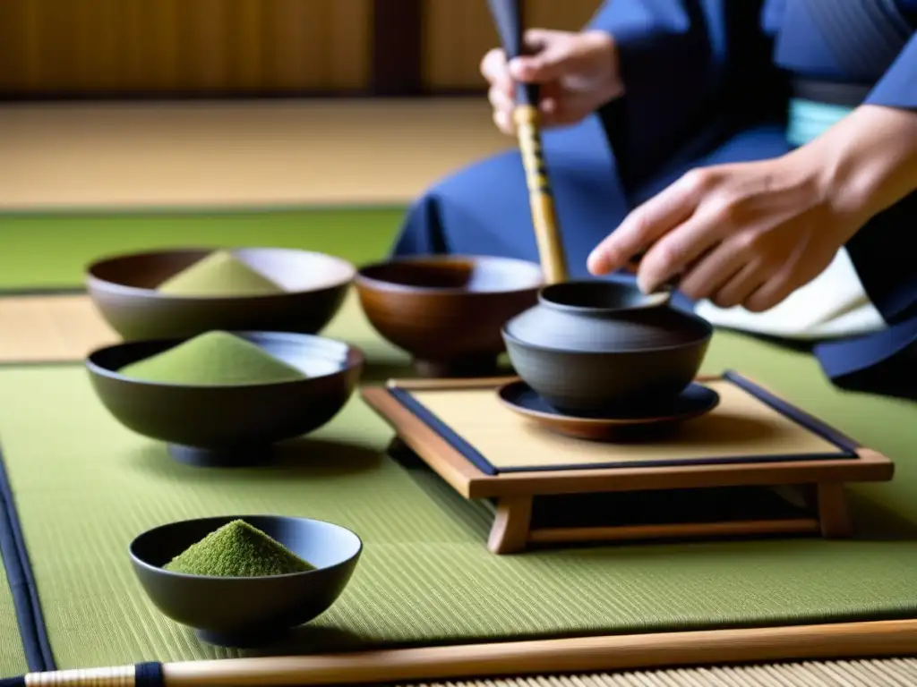 Detalle del ceremonial japonés del té en la Era Edo: utensilios y movimientos precisos en tatami