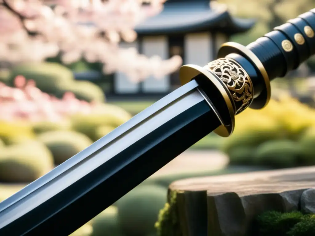Katana japonesa: detalle ultrafino y elegante en jardín Detalle de katana japonesa en jardín con cerezos en flor