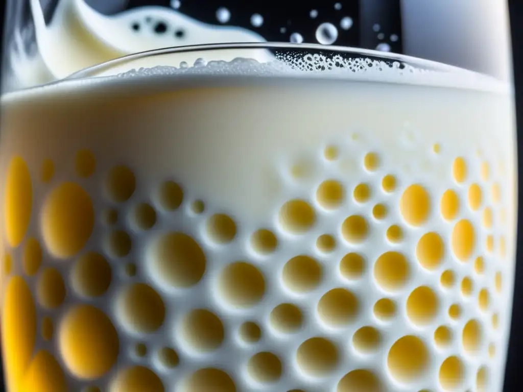 Detalle del kéfir cremoso y burbujeante en vaso, con bayas frescas