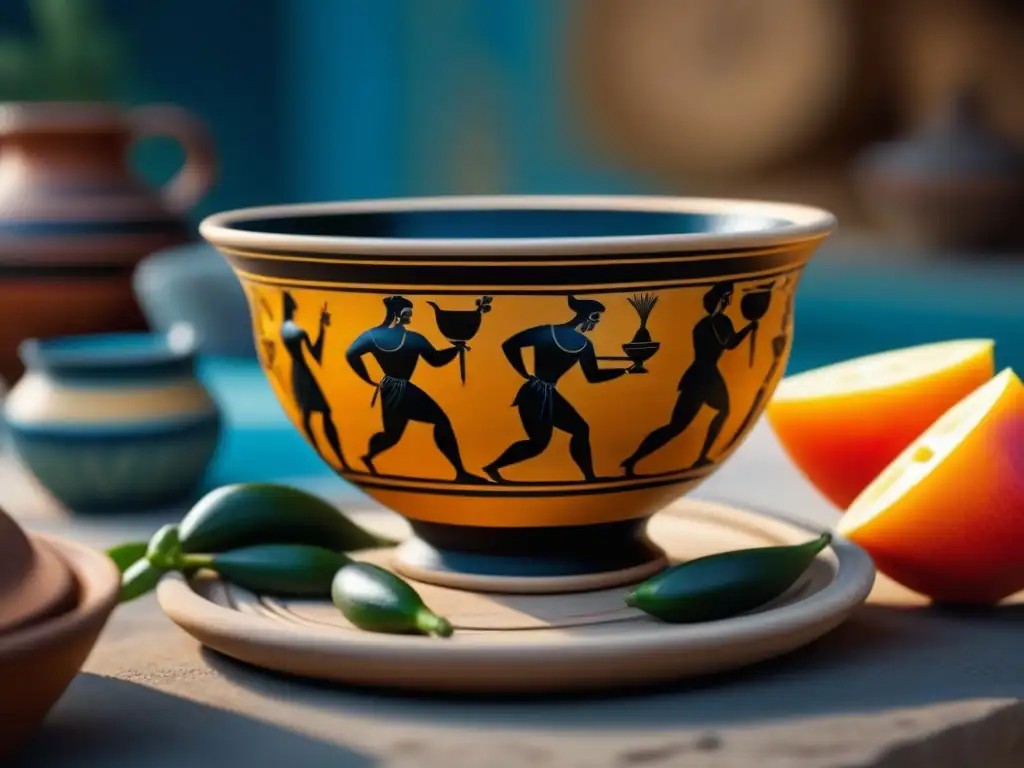 Detalle de una kylix griega con escena de cocina en la Antigua Grecia