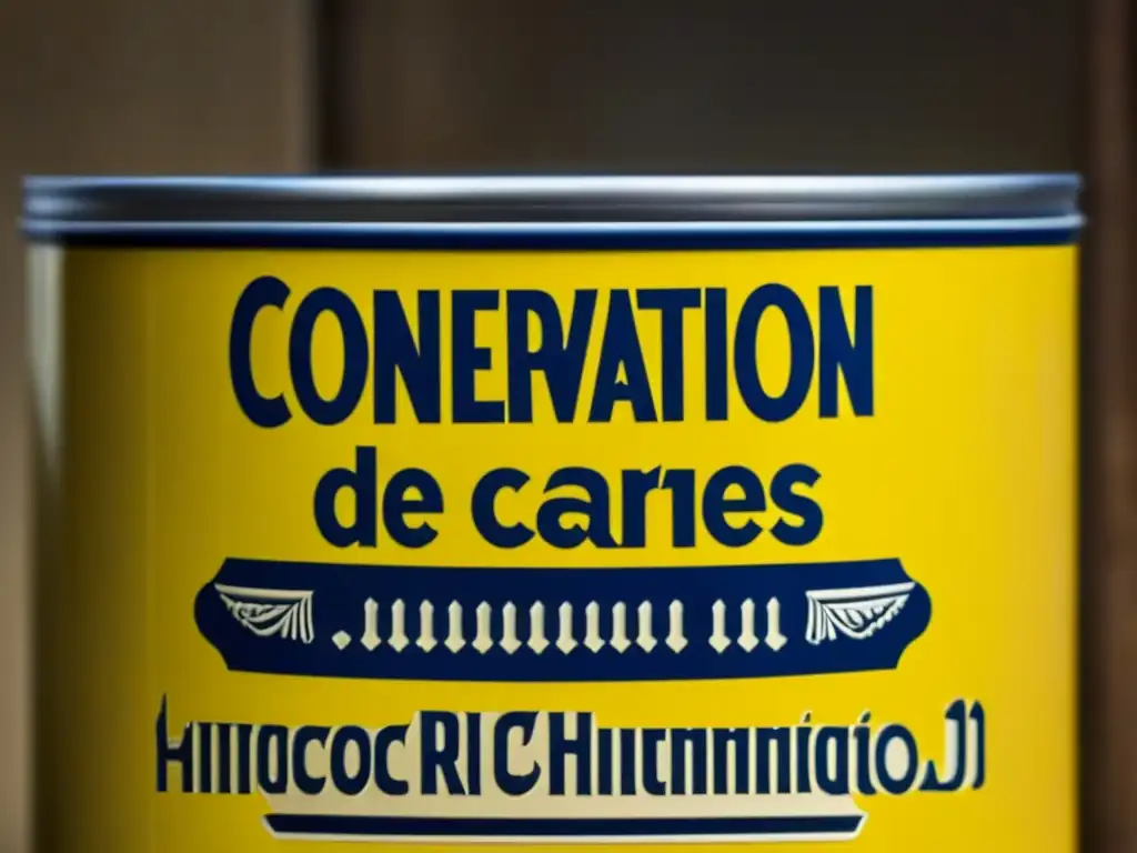 Detalle de lata vintage: 'Conservación de Carnes a lo largo de la historia', resaltando la evolución de métodos de preservación de alimentos